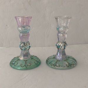 PartyLite Candle Holders Set of 2 Mardi Gras Collection Green Purple